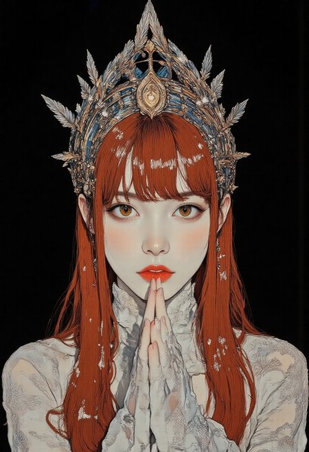 High quality, highly detailed, hyper realistic, 8K, masterpiece, Leica M11, 50mm f/1.2 lens, cinematic lighting, natural bokeh, pingtu style, illustration-fen, niji, gothic, erotic, anime — photograph, artistic fashion portrait. A pale-skinned woman with nearly translucent porcelain complexion and long, straight red hair with blunt bangs poses with big brown eyes wide open eyes and a surprised expression. Her interlaced fingers gently cover her mouth and nose. She wears a sheer, shimmering lace or tulle dress with delicate sparkle. An elaborate metallic headdress crowns her head, composed of intricate silver and gold patterns, stars, and fine feathers. Captured in a centered, eye-level close-up, the scene is set against a solid black background, intensifying the contrast with her luminous appearance. Lighting blends warm and cool tones with a spectral focus on green and blue highlights, crafting an ethereal glow across her face and accessories. The entire composition is text-free, emphasizing elegance, fantasy, and visual purity in a dramatic, dreamlike mood.