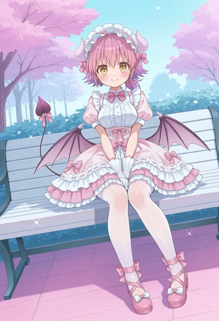 tori12style, 1girl, demon girl, demon horns, pink hair, low ponytail, gradient hair, multicolored hair, purple highlights, purple streaks, yellow eyes, slit pupils, low wings, demon wings, demon tail, masterpiece, best quality, absurdres, medium breasts,
(pastel theme, lolitafashion:1.2), pastel lolitafashion, sweet lolita_dress, shiny lolita_dress, victorian dress, kawaii, cute, moe, puffy padded dress, petticoat, puffy sleeves, pastel colors, pastel pink, pastel blue, frilled wide skirt, pantyhose, pastel dress, puffy sleeves, gloves, pastel headdress, many bows, multiple bows, ribbons, frills, frilled fabric, center frills, sparkles, glitter, cute lolita_shoes, leg ribbon, (tail ribbon:1.2),
outdoors, nature, park, park bench, 
(solo:1.2), sitting, on bench, full body, dynamic pose, dutch angle, looking at viewer, v arms, happy smile