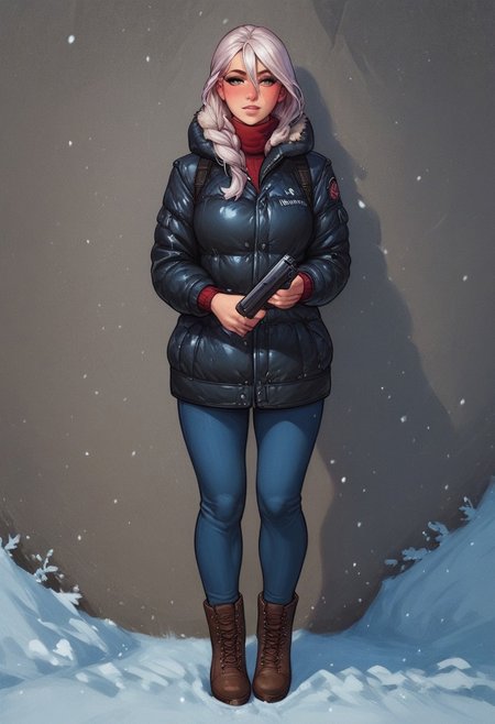 score_9, score_8_up, score_7_up, BREAK,
1 girl, portrait, winter jacket with fur hood, long hair, winter, snowfall, 1girl solo, white hair, looking at viewer, bangs, day, blue sky, hair between eyes, outdoors, blush dramatic lights, relax, ((long big pistol in hands, handgun in hands)) 
(((full-clothed))),
BREAK 
strange world background score_9, score_8_up, score_7_up, score_6_up, source_cartoon, rating_explicit, Expressiveh, (((((full body))))), dynamic pose
