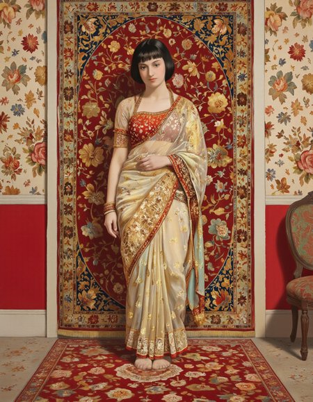 Art by Tigran Matulian. A digital illustration shoot from a frontal camera angle about a female figure standing in a floral-patterned room with red walls and a large, ornate rug. the image also shows intricate patterns and floral motifs on the fabrics. on the middle of the image, a woman, who appears to be in her mid-twenties, with short black hair and a neutral expression, stands with her arms at her sides. she is wearing a sheer, red and gold sari with floral patterns. the sari is intricately designed with a floral pattern and has a subtle sheen. her body is slim and toned, and she is barefoot. her eyes are looking directly at the viewer. her hair is styled in a short hair style, and her hair color is black. her facial expression is neutral. the background is a red, gold, and floral patterned rug with intricate floral patterns, and the image is signed "renee" in the bottom left corner.