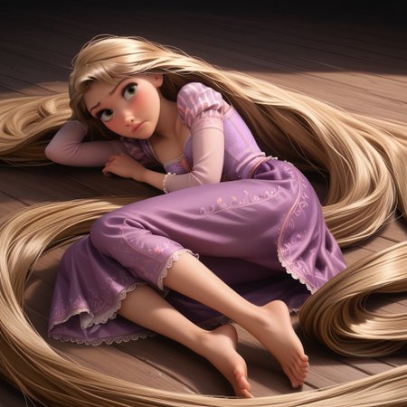 score_9, score_8, score_7, score_6, Rapunzel, 1girl, R_punzel, very long hair, laying on side, barefoot, posing, feet up