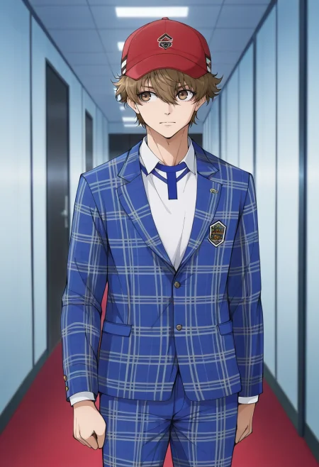 masterpiece, best quality, , anime screencap, , official style, , 1boy, solo, male focus, <lora:asahi_naruhaya_ilxl:0.9>, asahi_naruhaya, brown hair, brown eyes, short hair, hair between eyes, bangs, sportswear, focused, corridor, indoors, arm at side, relaxed, Plaid Coral Denim Pleated golf pants, Tulle Plaid blazer, , Gatsby cap,