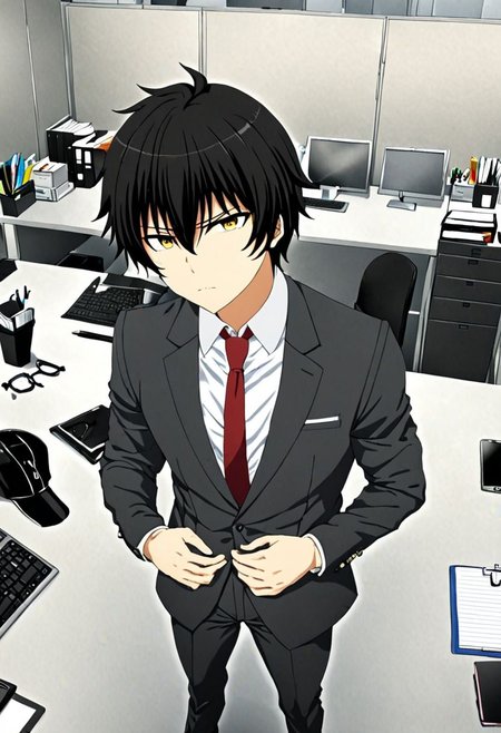 high resolution, solo, best quality, 1Boy, Seiya Kanie, black hair, short hair, thin, suit, worklife, workspace, OverallDetail