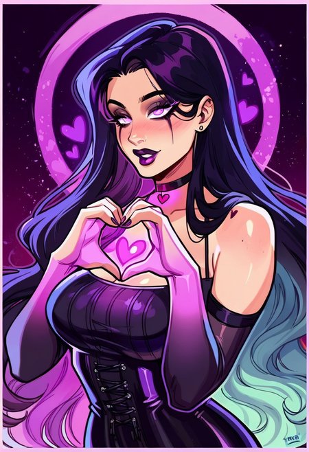score_9, score_8_up, score_7_up, high quality, bright multi colored eyes, 1 goth women fully clothed for winter,  ((black choker, vintage clothes, midage clothes, fantasy clothes, heart hands, crazy wild hair style)),   geometric Purple hearts all over background background, large breasts,  long hair,   love,   milfs,  aesthetic, face in love, (Purple glowing border around image,:1.3)