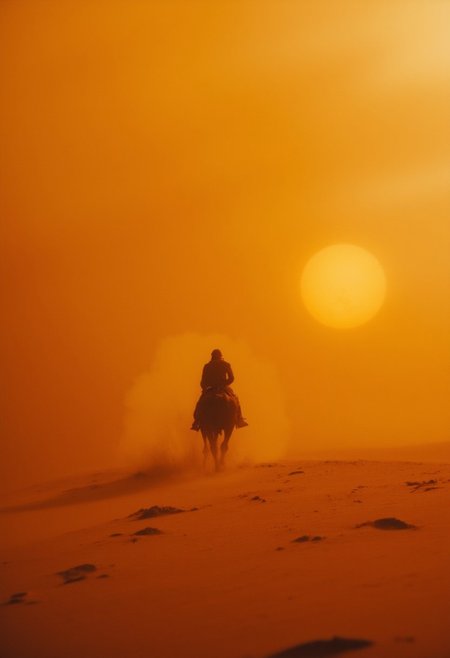 Vibrant, atmospheric analog photo with hyper-detail and photorealism, capturing a vast desert scene during a powerful sandstorm at sunset. In the distance, barely visible on the horizon, a lone dark rider on a sturdy Bedouin horse emerges, silhouetted against the swirling sands. The sandstorm obscures much of the landscape, creating a thick, gritty haze that almost hides the figure entirely. The faint glow of the setting sun filters dimly through the dense dust, casting a ghostly orange and amber light across the scene, adding an aura of mystery and solitude to the rider’s journey through the relentless desert storm.
