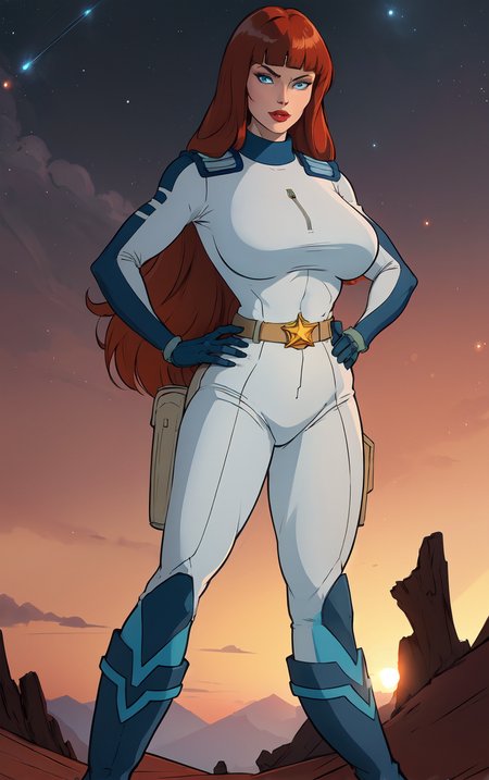 ((masterpiece, best quality)), insaneres, absurdres, solo, looking at viewer, 
CARTOON_AdventuresofGalaxyRangers, 
1girl, long hair, brown hair, bangs, blunt bangs, makeup, lipstick, lips, blue eyes, red hair,  large breasts, very long hair, 
skin tight,  belt, bodysuit, uniform, boots, holster, spacesuit, military, gloves, 
(contrapposto, hand on hip), sunset, sidelighting, <lora:CARTOON_AdventuresofGalaxyRangers:1>,
 depth of field, light particles,