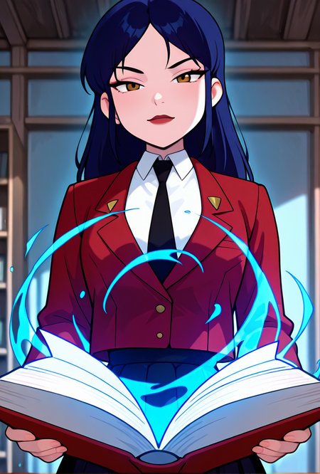 ((cartoon, screencap,,))  <lora:tiffanyos:1> tiffanyos, 1girl, long hair, blue hair, parted bangs, black necktie, school uniform, white  undershirt, lipstick, long red jacket, holding book, open book, casting spell, magic, masterpiece, best quality, amazing quality, very aesthetic, absurdres, newest,
