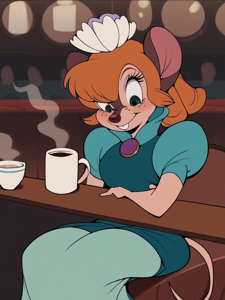score_9, score_8_up, score_7_up, score_6_up, score_5_up, score_4_up , 1girl, solo, Bridget_AmericanTail, freckles, blue dress, cafe, sitting, table, coffee mug, steam, <lora:bridget-PonyXL-v1:1>