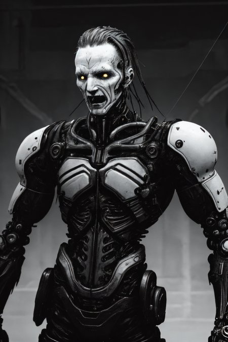 (humanoid with a white synthetic skin face full of cybernetic implants), (black leather futuristic cybernetic suit:1.8), (sword fighting pose, swinging sword:1.7), (thick dark leather coat with neck cover:1.3), (cross tattoo only on forehead:1.3), 1guy, blue sky, cloud, collarbone (looking at viewer and smiling:1.2), (white reflective eyes:1.1), sky, solo, upper body, ((masterpiece)), (smirk512:1.3), (synth goth cyber armor with metal plates:1.3), (thick stretched neck guard made out of body pipes:1.2), <lora:epiNoiseoffset_v2:1>, (masterpiece), (best quality), (high resolution), hyper detailed, detailed_background, cables, dim light, vast, space age architecture, communism architecture, Bauhaus, (dimly lit pale eyes:1.4), (head tattoos:1.8)
OrganicBiomArt, <lora:bodhor:0.4> <lora:Blame!:1>
((environment falling apart)), (catastrophic failure), (action shot:1.6), (dark photo:1.11), (hyper realistic:1,11), (high contrast:1.22), (detailed skin texture:1.33), (blush:0.6), (goosebumps:0.5), subsurface scattering,