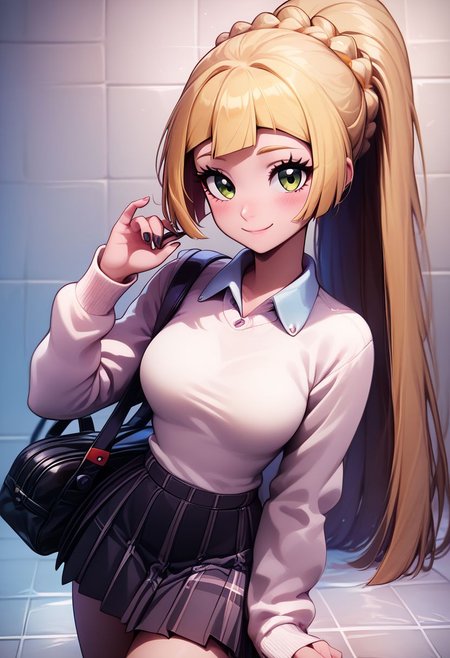 score_9, score_8_up, score_8, medium breasts, (curvy), cute, eyelashes,       zzlillie, long hair, ponytail, French braid, closed mouth, alternate costume, smile, nail polish, looking at viewer, hand up, collared shirt, blush, sweater, black skirt, black nails, eyelashes, long sleeves, sleeves past wrists, plaid skirt, shoulder bag, black bag, blurry, tile floor, pleated skirt, white shirt  ,
zPDXL,