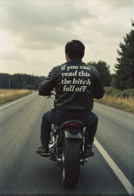 A biker on a thick chopper, seen from behind, riding at full speed on a country road. The bike is chrome and black. On his black leather jacket, in bold white letters, it reads: "If you can read this the bitch fell off". aidmaimageupgrader, midjourneyv6.1, n30nfilm <lora:aidmaImageUpgrader-FLUX-V0.2.safetensors:0.66>, <lora:aidmaMJ6.1-FLUX-V0.1.safetensors:0.5>,   <lora:Movie_Portrait.safetensors:0.8>,  <lora:- Flux1 - soothing_atmo_V2.0.safetensors:0.4>,  <lora:lith_mimosa_kiel_grw134_FLUX.safetensors:0.7>,  <lora:n30nfilm.safetensors:0.85>,