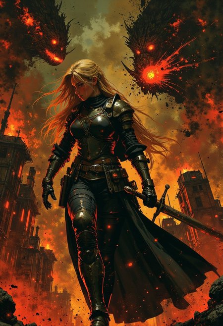 renaissance-style oil painting, masterpiece, female templar knight in plate armour, long flowing blonde hair, bangs, holding legendary sword, fighting off demons in the pits of hell, dynamic image, cinematic, mythp0rt
