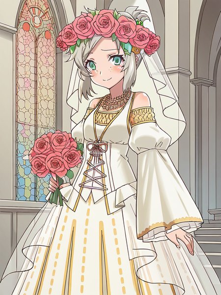 score_9, score_8_up, score_7_up,  
1girl, lucy rf, grey hair, green eyes, small breasts, freckles, folded ponytail, hair ornament,

wedding dress, white dress, long dress, pearl necklace, veil, flower crown, bride, detached sleeves, 

standing, smile, closed mouth, blush, looking at viewer, tears, chapel, solo, bouquet, holding flowers, indoors, church, stained glass,