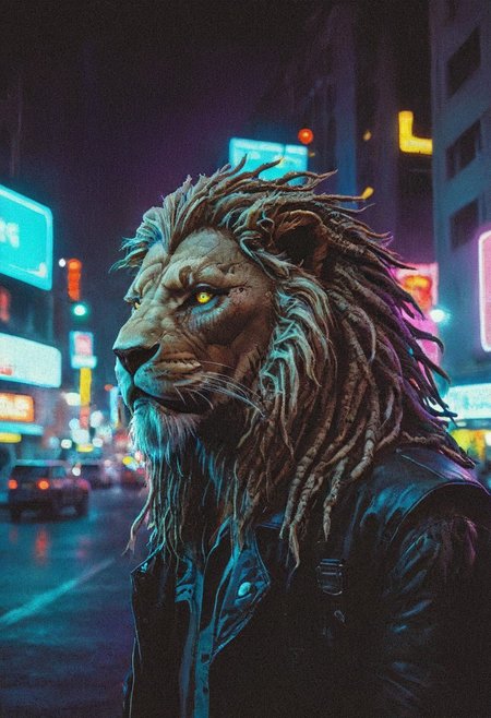 DnD_Grainyboyz, grainy, noise, Dark cyberpunk artwork, Extremely hyper realistic detailed CYBER-HUMAN-LION, portrait,dreadlocks,  cyberpunk, outdoor, nigth, city background, neon, neon lights, Cyberpunk Cityscape at Night: A sprawling city illuminated by vibrant neon lights and holographic advertisements.An atmospheric and powerful dark fantasy, natural organic and impressionist classical-style painting , VHS screen grab, nostalgic, old 80s found footage