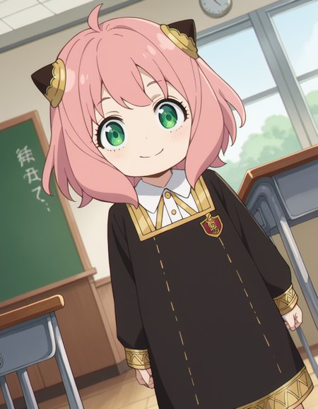 score_9, score_8_up, score_7_up, source_anime,
anyaforger, <lora:anya-forger-ponyxl-lora-nochekaiser:1>,
anya forger, anya forger, bangs, green eyes, pink hair, ahoge, hair ornament, hairpods, child, female child, smile,
long sleeves, dress, school uniform, socks, black dress, eden academy school uniform,
indoors, classroom,
looking at viewer, cowboy shot, dutch angle,