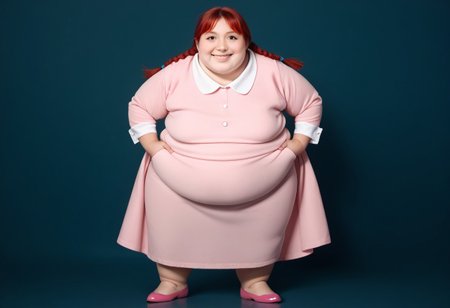 photorealistic, score_9, score_8_up, score_7_up BREAK helphu, 1girl, black eyes, red hair, pigtails, pale yellow skin, white-collared pink dress, pink shoes, looking at viewer, photo, fat, obese, toad-like, smiling