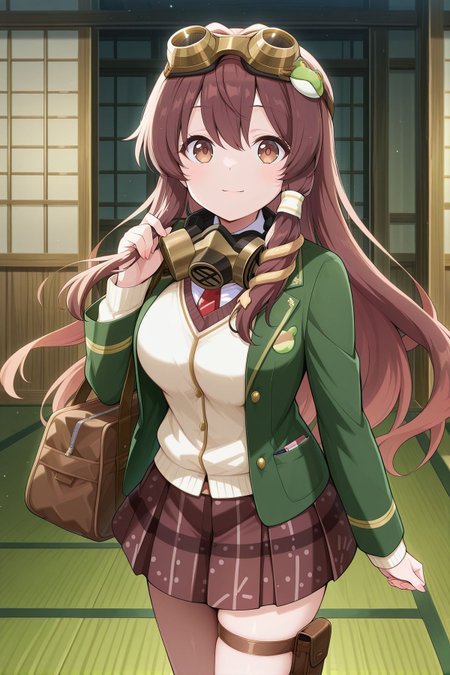 absurdres, highres, masterpiece, best quality, amazing quality, official anime artwork, screencap, anime screencap, indoors, light smile, 
 <lora:Sanae-Kochiya_IllustriousV2:1> kochiya sanae, 1girl, solo, brown eyes, brown hair, long hair, brown frog ornament, brown snake ornament,, kochiya sanae \(legacy of steel and steam\), alternate costume, alternate eye color, alternate hair color, goggles on head, brown goggles, gas mask, green jacket, open jacket, long sleeves, school uniform, white shirt, buttons, plaid skirt, brown skirt, thigh pouch, black socks, brown shoes, bag,  steel frog ornament,