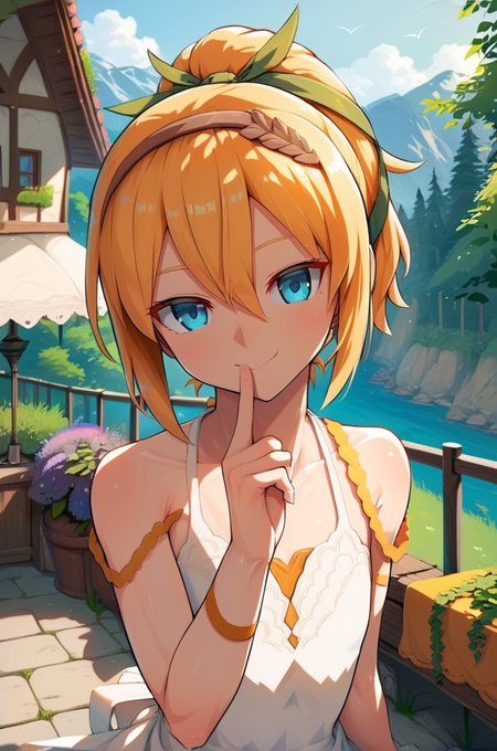 score_9, score_8_up, score_7_up, very aesthetic, source_anime, detailed, high quality, beautiful, masterpiece,
<lora:lightXL:0.8> neolight,scenery, outdoors, village, tree, mountain view, daylight,
cowboy shot, upper body,  close up, first person view, 
flat chest,  naughty  smile, dynamic pose, hand on chin, looking at viewer,
<lora:edna_v03:1>
ednadef, short hair, blonde hair, orange hair, high ponytail, blue eyes, hair between eyes, white dress, sleeveless dress, boots, leg ribbon, brown hairband,  green hair ribbon,, zPDXL