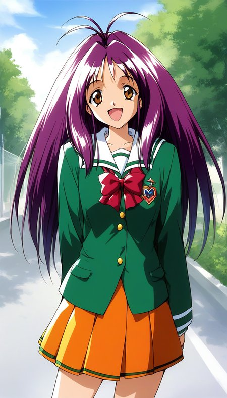 score_9, score_8_up, score_7_up, source_anime, rating_explicit, BREAK  <lora:Kotobuki_Miyuki_XL:1> Kotobuki_Miyuki, purple hair, long hair, brown eyes, antenna hair,
1girl, solo, school uniform, skirt, outdoors, open mouth, smile, orange skirt, green shirt, looking at viewer, day, shirt, long sleeves, pleated skirt, bow, :d, sky, red bow, standing, 1990s (style), miniskirt,