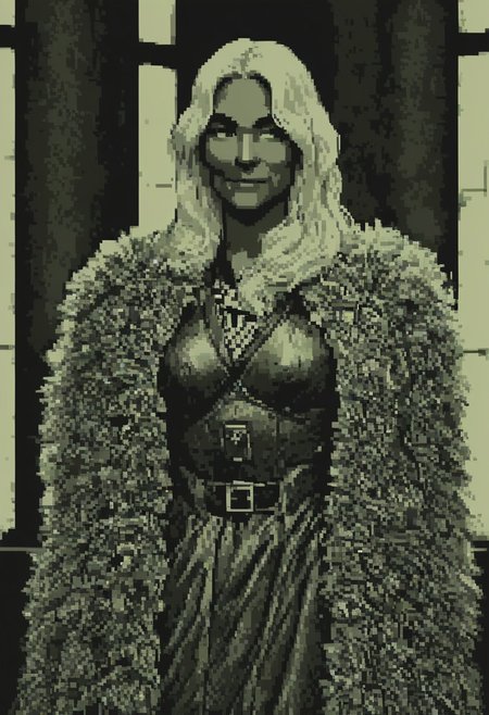 score_9, score_8_up, score_7_up, score_6_up, solo, light hair, dark skin, (big lips:0.6), light shirt, sleeves, armored coat, medium breasts, green eyes, indoors, castle, dark eyebrows, annoyed, smug, detailed, confident, toned body, belts, duelist, elegant, fancy clothing,  green theme, monochrome, pixel, thick eyebrows