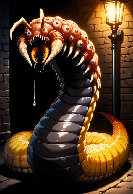 best quality, masterpiece, anime_screencap, hi res, best_quality, very aesthetic, absurdres, 8k, emst, no humans, worm, sharp teeth, mucus, spikes,  animal focus, full body, extra eyes, scales, antennae, centipede, eyeball tentacles, tentacle creature, saliva,, fantasy, beautiful lighting, ray traced, dungeon, dim lighting, shadow, dark