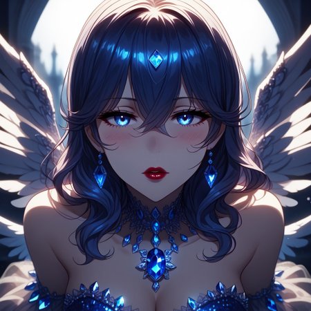 1girl, solo focus, Misae Suzuhara, hair between eyes, dark blue hair, blue eyes, depth of field, blurry background, pov, imminent kiss, full lips, face focus, zoomed in, (closeup of face:1.3), extreme closeup, lip focus, half-closed eyes, lace overlay dress, sapphire dress, lace-trimmed dress, sapphire crystals, sapphire \(gem\), jewelry, ruby red lipstick, sparkle, glitter, chromatic abberation, blush, lace trim, see-through cleavage, sleeveless, detached collar, sapphire necklace, bathed in sunlight, angel wings, feathers, outdoors