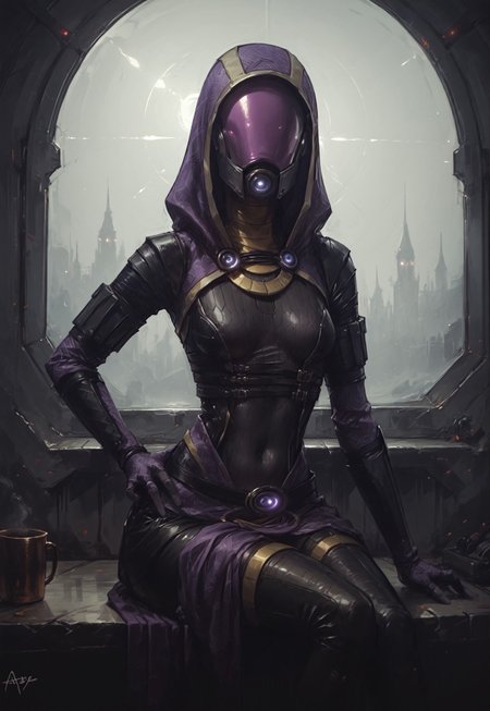 ((zPDXL3)), ((zPDXLxxx)), (score_9), score_8_up, score_7_up, score_6_up, score_5_up, score_4_up, BREAK, 1girl, solo, source_furry, by aqe, tali, tali'zorah, alien, alien humanoid, humanoid, quarian, 3 fingers, armor, black clothing, bodysuit, clothed, clothing, female, fingers, headgear, helmet, hood, not furry, eyeless, detailed background, spacecraft, skinsuit, solo, tight clothing, hand on hip, pose, pose, cute pose, pinup, wide hips, medium breasts, <lora:talizorah_pdxl_:1>, spaceship, sitting, supermodel , slim, ab_crack, thighhighs, armlet, linea alba, teardrop breasts, 
<lora:d4rk01lXLP:0.55>