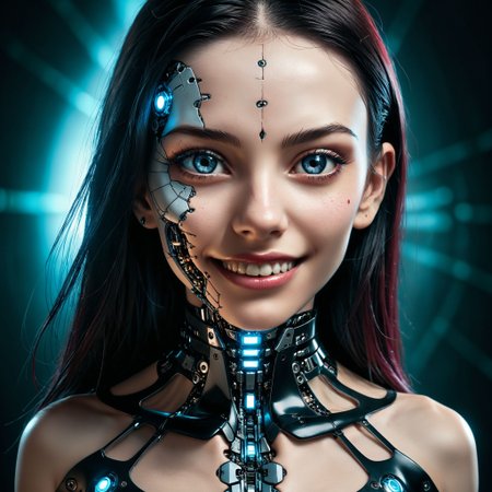 beta01 realistic art imaginative gothic fantasy concept art,vivid,vibrant immersive woman's face split in half,left side is pale skin brightly lit,right side is dark cybernetic,cinematic film still photography in the style of detailed hyperrealism photoshoot,HDR,photographic,realism,fine texture,lifelike,smile,19yo,blush,sweet,face focus,super symetrical,, high resolution, extreme detail,
