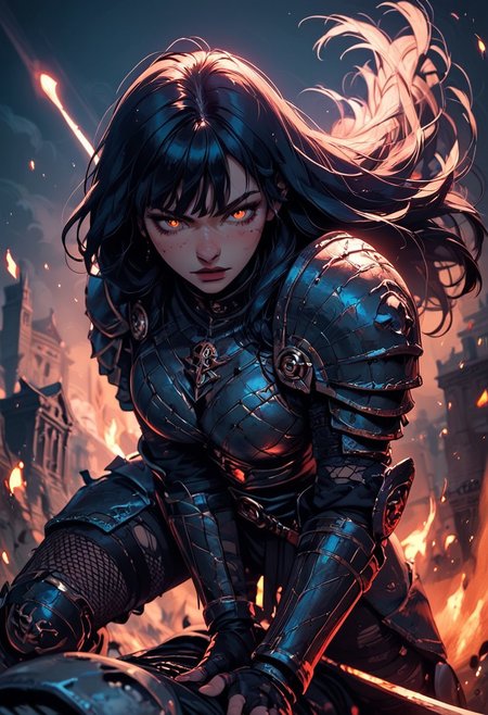 Score_9, Score8_up, Score_7_up, (((High Resolution, Best Quality))), 
1girl, beautiful, breasts, battle scarred, damaged armor, fishnets under armor, bangs, long hair, plated armour, holding sword, battle stance, dynamic angle, ancient fantasy city, battle-ready stance, dynamic pose, at night, moonlight, riding a nimbus cloud, nimbus, wukong theme, directional lighting, viewed from above,
Embers, firey glint in eye, partical effect,