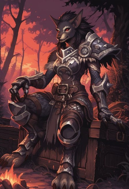 score_9, score_8_up, score_7_up, ultra quality, d3p1x3l, pixel art, fantasy, solo, 1girl, solo, anthro, worgen, animal ears, claws, red eyes, brown fur, snout, brown tabard, belt, pouch, leather loincloth, bulky armor, armored leggings, armored boots, dark forest, sitting, dutch angle, on crate, hand on leg, looking down, evening, campfire,