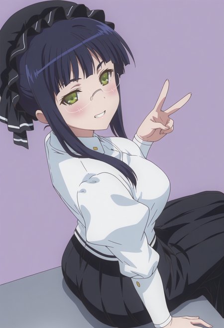 anime screencap, anime coloring,  <lora:DX888Mikan:1> mikan, green eyes, black hair, sidelocks BREAK simple background, purple  background,  BREAK  mob cap, glasses, white shirt, puffy sleeves, black skirt, long skirt, BREAK   1girl, blush, breasts, grin, gyaru v,  looking at viewer, sitting, solo, thighs, v, arm support, (from above:1.2), (from side:0.9),
