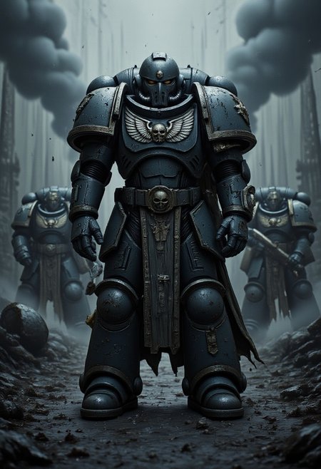 "An ultra-realistic digital painting of Warhammer 40k Primaris Marines in Mark X Power Armor, shown in a full-body, close-up view against a dark, chaotic battlefield. The towering Space Marines stand amidst scattered futuristic debris, shadowed craters, and a desolate landscape under a misty, cinematic atmosphere. The armor is intricately engraved with detailed engravings that catch the light, emphasizing each engraved edge and panel. Realistic lighting and shadows play across their formidable armor, accentuating every detail in high definition. The background is filled with desolate details: scattered wreckage, faint mist, and deep shadows that create a haunting and war-torn environment. A subtle film grain overlay and reversal film effect add a gritty texture, giving the piece an official art style. 32k resolution quality with cinematic atmosphere."