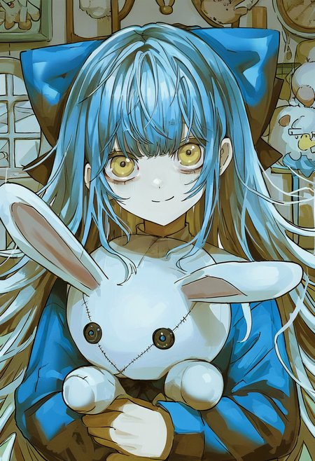 1girl, stuffed toy, stuffed animal, solo, blue hair, long hair, smile, stuffed bunny, holding stuffed toy, looking at viewer, holding, bow, upper body, yellow eyes, hair bow, closed mouth, bangs, blue bow, long sleeves <lora:shiunXL_NB11_lokr_V6311P:0.95>