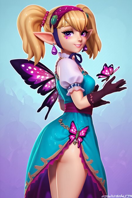 score_9, score_8_up, score_8, medium breasts, (curvy), cute, eyelashes,       BREAK, , <lora:Agitha_Zelda_PDXL:0.8>,  zzAgitha, purple eyes, blonde hair, twintails, pointy ears, jewelry, earrings, gloves, dress, butterfly wings, , BREAK, smile, looking at viewer, cowboy shot, side view, ass,  embedding:zPDXL, Expressiveh, <lora:Zy0n7_PDXL:1.0>,  <lora:SDXLFaeTastic2400:0.5>,  <lora:Expressive_H-000001:0.4>,