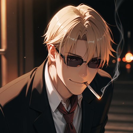 masterpiece, best quality, amazing quality, absurdres, newest, detailed background, definition so sharp, Ultra-HD, 8K cinematic, very awa, impressionate, amazing quality, highres, 
solo, male focus, manly, shadow, shiny skin, bokeh, warm light, light particle, looking at viewer, 
1boy, short hair, sunglasses, izumokusanagi, izumo_blonde, izumo_brown eyes, black blazer, red scarf, white collared shirt, smoking, smoke, smile, gentle, looking at viewer