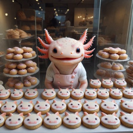 <lora:lora:1>cookie art design,  <lora:Axomodelv2.1:1> delicious cute axolotl  cookies in a bakery display ,  <lora:add-detail-xl:1>, high definition photograph, depth of field, cookie art design,  cookie,(flat art),