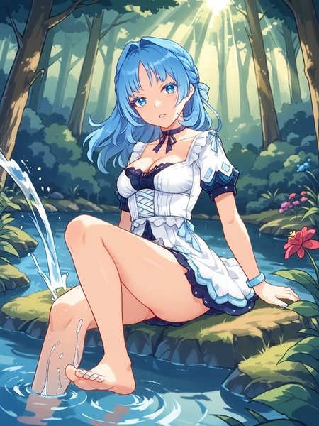 score_9, score_8_up, score_7_up, source_anime, BREAK
(detailed face, detailed eyes, portrait, closeup:1.5), (beautiful forest garden, perfect lighting, god rays, bloom:1.5),  outdoors, daytime,(head tilt:1.5), (looking at viewer:1.5), waterfall, river,  teeth, pov, parted lips, (bare legs, bare feet:1.5), (feet in water, kicking water, splash:1.3), sitting on rock by river, lifting skirt, skirt tug, from above, (perspective, dutch angle:1.3), BREAK
<lora:Genshin_NPC_MaryAnn_Pony_v1:0.8>, (long eyelashes, thick eyelashes:1.5), 1girl, solo, shiny hair, blue hair, shiny blue eyes, blue nails, nail polish, toenail polish, bow, ribbon, jewelry, collarbone, cleavage, choker, medium hair, puffy white sleeves, short sleeves, white dress, (frills, lace:1.5), french braid, bracelet, hair intakes, medium breasts, lips,