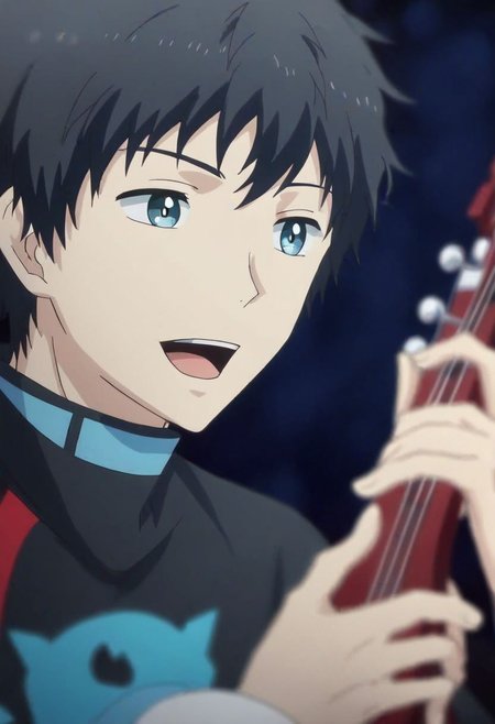 high resolution, solo, best quality, 1Boy, Arata Kaizaki, Black Hair, Blue Eyes, singing, portraits, dept of field, virtual concert, playing musical instrument, OverallDetail
