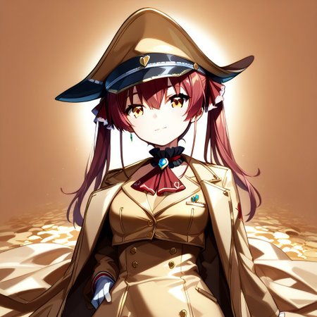 score_9, score_8_up, score_7_up, super aesthetic, rating:safe, rating:general, DeaverStyle, 1girl, solo, aua, red eyes, yellow eyes, heterochromia,  gold clothing, gold hat, fully-clothed, gloves, big coat, illustration, gold, cute, shiny skin, vivid colors, treasure room, gold treasure,