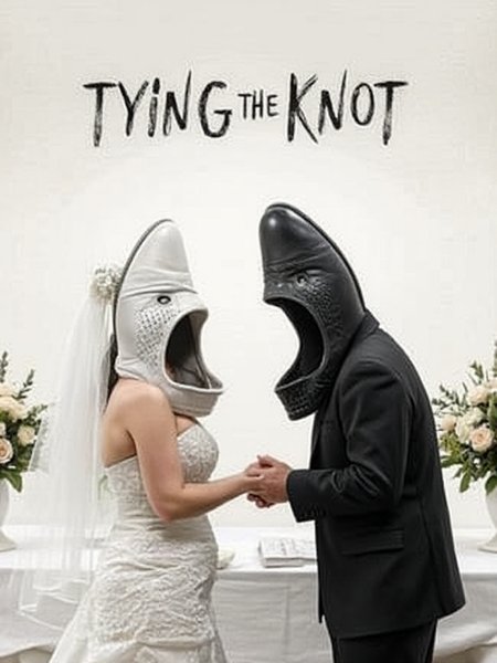 romantic movie poster, featuring an angry wedding couple with shoe faces, and their mouths open wide. Title reads "TYING THE KNOT" in a large script font. White wedding shoe face woman wearing a bride's dress, and a black leather shoe face wearing a tuxedo, standing at the altar, screaming at each other.
