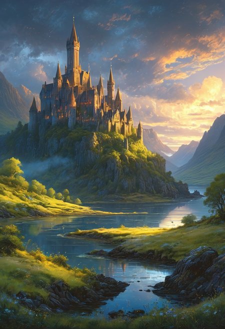 (by Ellen Jewett:1.5), (Bioluminescent Impressionism,) A captivating night scene illustration featuring a beautiful castle on a large  hill overlooking a lake in the highlands of Scotland. The castle is ancient but well maintained and updated and comfortable to live in.  This enchanting artwork captures a serene and peaceful early morning, where the sun is just starting to rise over the beautiful highlands and castle which   stands resolute amidst highlands, creating a cinematic experience., illustration, cinematic
<lora:DonM3t3rn1tyXL-v1.1:0.7>, DonM3t3rn1tyXL,
OverallDetailXL  <lora:MJ52:0.3>  <lora:SDXLFaeTastic2400:0.4>  <lora:EpicF4nta5yXL:0.7><lora:add-detail-xl:1> <lora:RMSDXL_Creative:2>*Channel_42* ral-wlfnte, PEAnimeBG, scenery