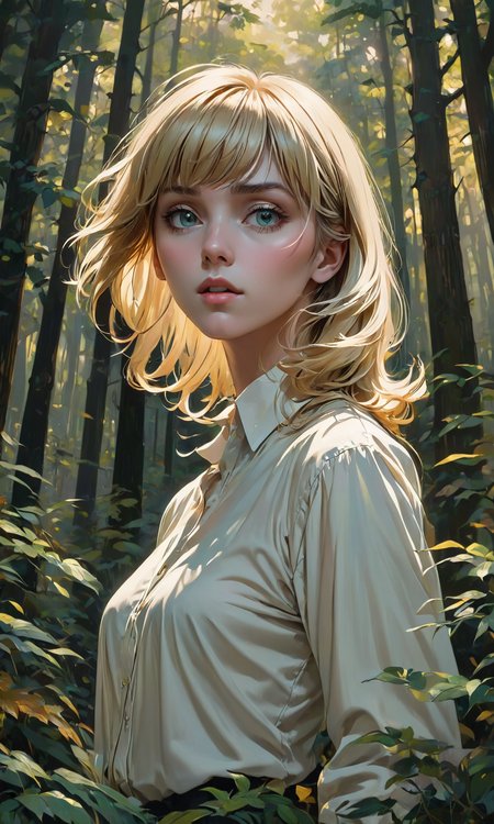 The most beautiful androgynous person ever, blonde hair with bangs alone, wearing a white shirt in a dark green and gold forest at dusk by Artgerm and Greg Rutkowski and Alphonse Mucha and Craig Mullins, James Jean, Andrey Ryabovichev, Mark Simonetti and Peter Morbacher 16k resolution. Realistic artwork with <lora:Fast:0.15>
