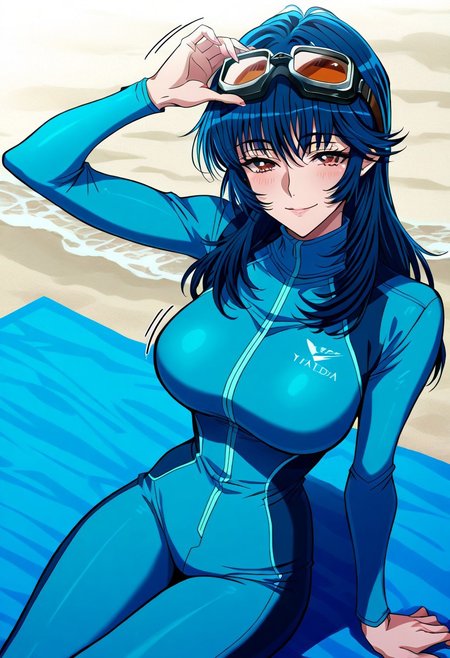 masterpiece, best quality, newest, highres, uncensored, 1girl, yokota mamoru style,1girl, slender face，motion lines,torogao,looking at the viewer,seductive smile,blush
Takeda Yukie,Blue Hair,Long Hair,Big Breasts,Amber Eyes,Slim,Slender Face,
1girl, green-diving-suit, goggles on head, brunette, brown-eyes, beach, sitting, on-rock, tide, long-hair, absurdres, highly-detailed, best quality, masterpiece, very aesthetic，1girl，solo,Takeda Yukie,Blue Hair,Long Hair,Big Breasts,Amber Eyes,Slim,Slender Face