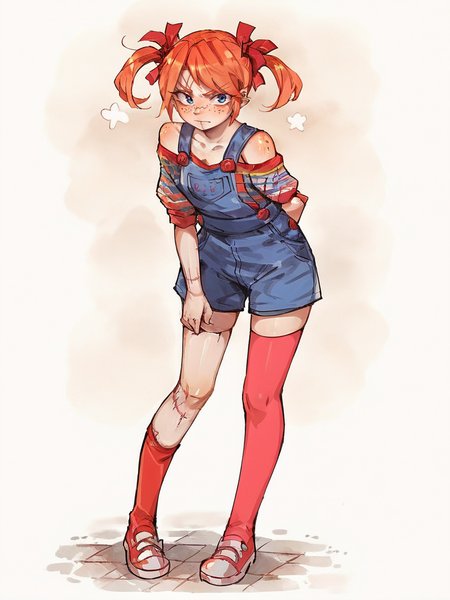 score_9, score_8_up, score_7_up, score_6_up, score_5_up,   <lora:FemChuckyXLP:1> femchucky, 1girl, solo, twintails, blue eyes, thighhighs, overalls, orange hair, freckles, stitches, curvy, full body,