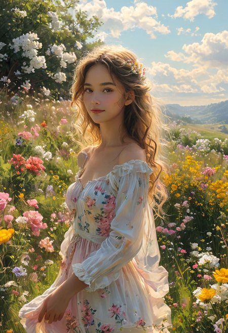 A young girl in the midst of a lush meadow, surrounded by a profusion of vibrant spring flowers. Her long, wavy hair cascades down her back, dancing in the gentle breeze as she standing on green grass. She wears a simple, pastel-colored dress, its flowing skirt billowing around her delicate ankles, accentuating her youthful innocence. 
She is smiling, looking at the viewer, her face serene, as she basks in the peaceful solitude of the moment. 