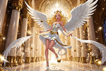{side shot}{Comic book style} of {Celestial Princess with white gigantic wings and gold trims} in action pose with motion blur {pointing to camera  <lora:Pointing_Finger_At_You_-_By_DICE:0.4>} inside a Hall with {bells, decor, angel, sparkle, glitter, ash, dust particles, aurora}, <lora:!action-sdxl-V0.5:0.5>, <lora:add-detail-xl:0.6>