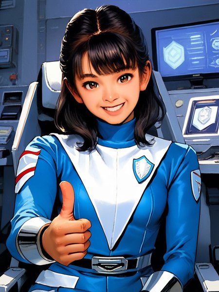 score_9, score_8_up, score_7_up, 1girl,solo,  <lora:100_shaider_annie_pdxl:1> anncost3, black hair, shoulder length hair, bangs, brown eyes, Japanese woman, blue bodysuit with white triangle and badge, bodysuit, silver bracers, smile, looking at viewer, upper body, sitting, control room, thumbs up