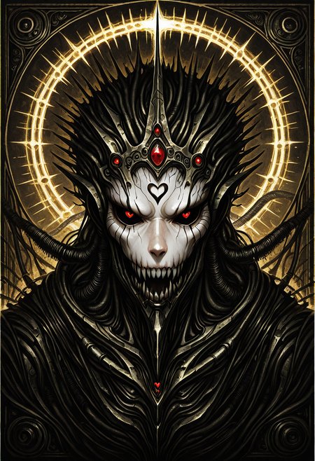 best quality, hyper-realistic, very aesthetic, refined elegance, very aesthetic,, close up,  A biomechanical priestess, her body a seamless blend of flesh and machine, stands in a crumbling cathedral where steel ribs arch like the bones of forgotten gods. Liquid metal veins pulse beneath her semi-transparent skin, feeding into a glowing cybernetic halo adorned with writhing wires that mimic celestial glyphs. Her mechanical hands, elongated and claw-like, cradle a pulsating, heart-like mass of organic circuitryâhalf alive, half machine. The world outside is an endless wasteland of towering industrial spires, where AI prophets whisper forgotten truths. Dark surrealism, hyper-detailed Giger-punk, eerie biomechanical gothic horror.