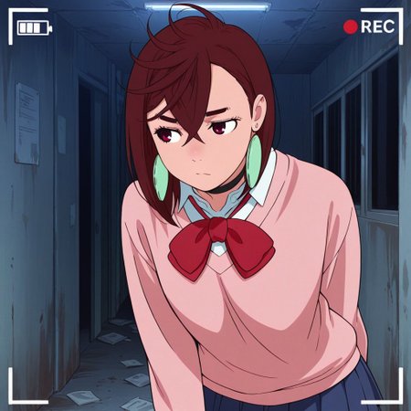 Score 9, Score 8, Score 7, Masterpiece, Superior Quality, Amazing Quality, Masterpiece, Maximum Quality, Ultra-detailed, Alone, White Frame, Maximum Contrast, Saturated Color, Bright Colors, Dynamic Lighting, alone, 20 years old, female body,
ayase_momo,
ayasemomo, hair between eyes, crossed bangs, green earrings,  brown hair, red eyes, black choker, short hair, white shirt, red bowtie,pleated skirt,school uniform, pink cardigan, long sleeves,
recording video, in an abandoned hospital, at night, brave,