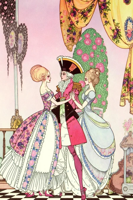 kaynielsen1 illustration.
Four elegantly dressed figures dancing in a richly decorated Rococo room, decorated interior with floral drapery, a vase of pink roses, and a checkered floor. The three women are in elaborate floral and lace crinoline gowns. The man is wearing a pink shirt and jacket, white wig, and a black hat with yellow accents. <lora:kaynielsen1_d8a4e12:1.0><lora:865926351654273061:0>